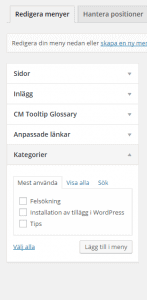 wordpress kategori meny inställningar